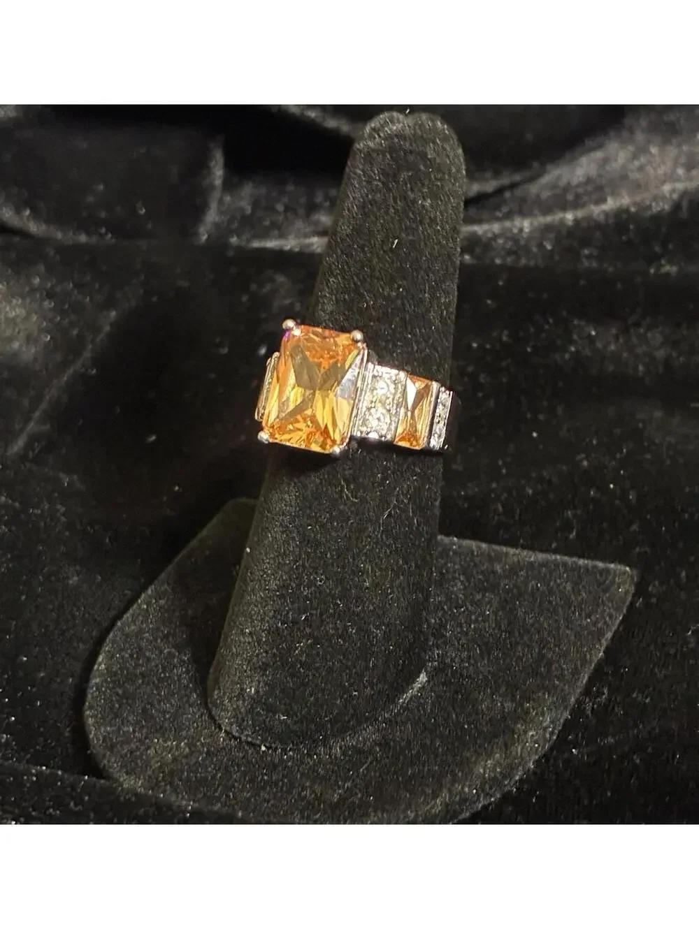Emerald-Cut Orange Stone Cocktail Ring with Sparkling Accents Size 7